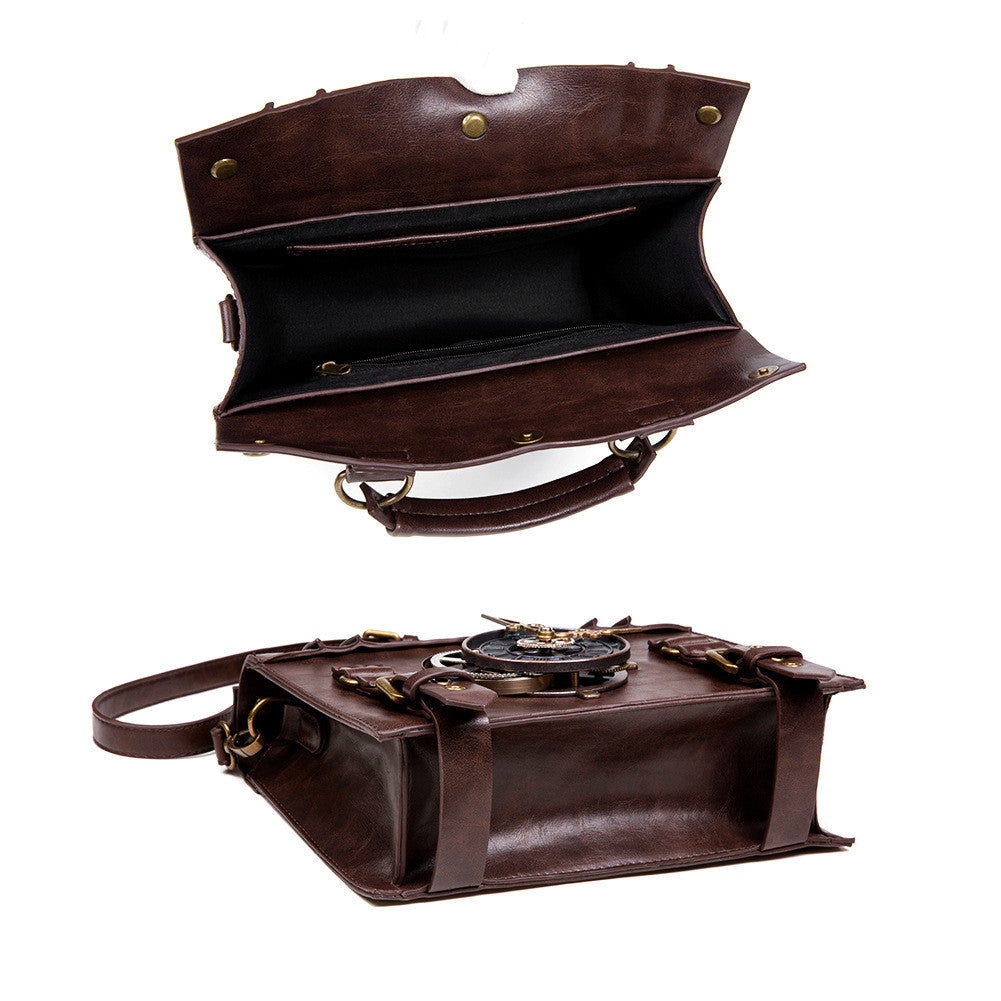 A Maramalive™ steampunk industrial retro style shoulder bag For the Steampunk Fan inside you with a clock on it.