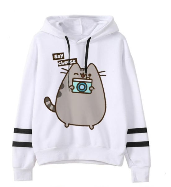 White Cozy Loose Fit Hoodie for Snug, Comfortable Warmth featuring a cartoon cat holding a camera with a speech bubble saying "Say Cheese." Made from soft fleece fabric, the cozy and comfortable Maramalive™ hoodie has two black stripes on the sleeves.