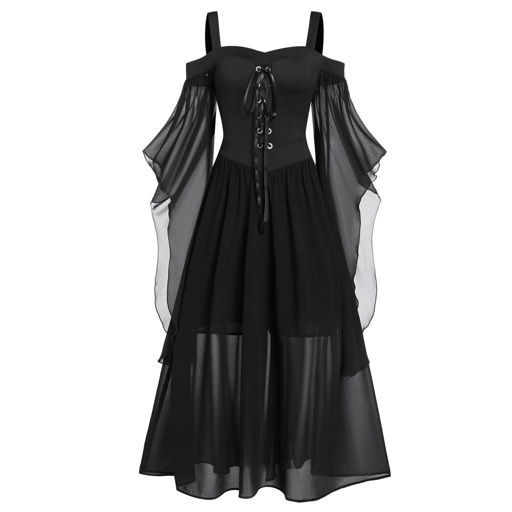 Bodice Dress, Bat Sleeves, Lace Up Front Straps Black