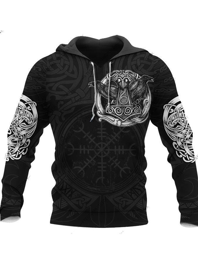 Introducing the Men's Hoodie 3D Digital Printing Hoodie by Maramalive™: a black hooded pullover with intricate Norse-inspired patterns, including ravens on the chest and detailed designs on the sleeves, crafted from soft polyester fabric using advanced printing and dyeing techniques.