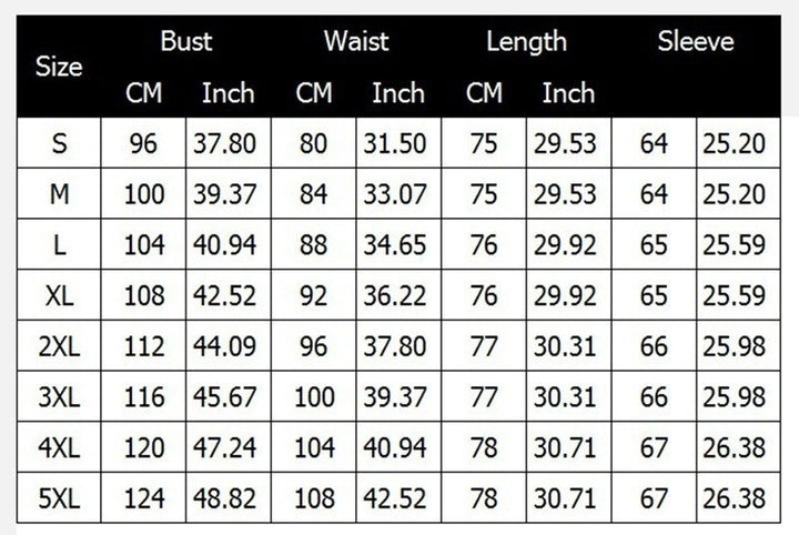 Size chart for the Maramalive™ Halloween Cosplay Hoodie Women's Punk Black Long Hooded Printed Sweater, showing measurements for bust, waist, length, and sleeve in centimeters and inches for sizes S to 5XL.