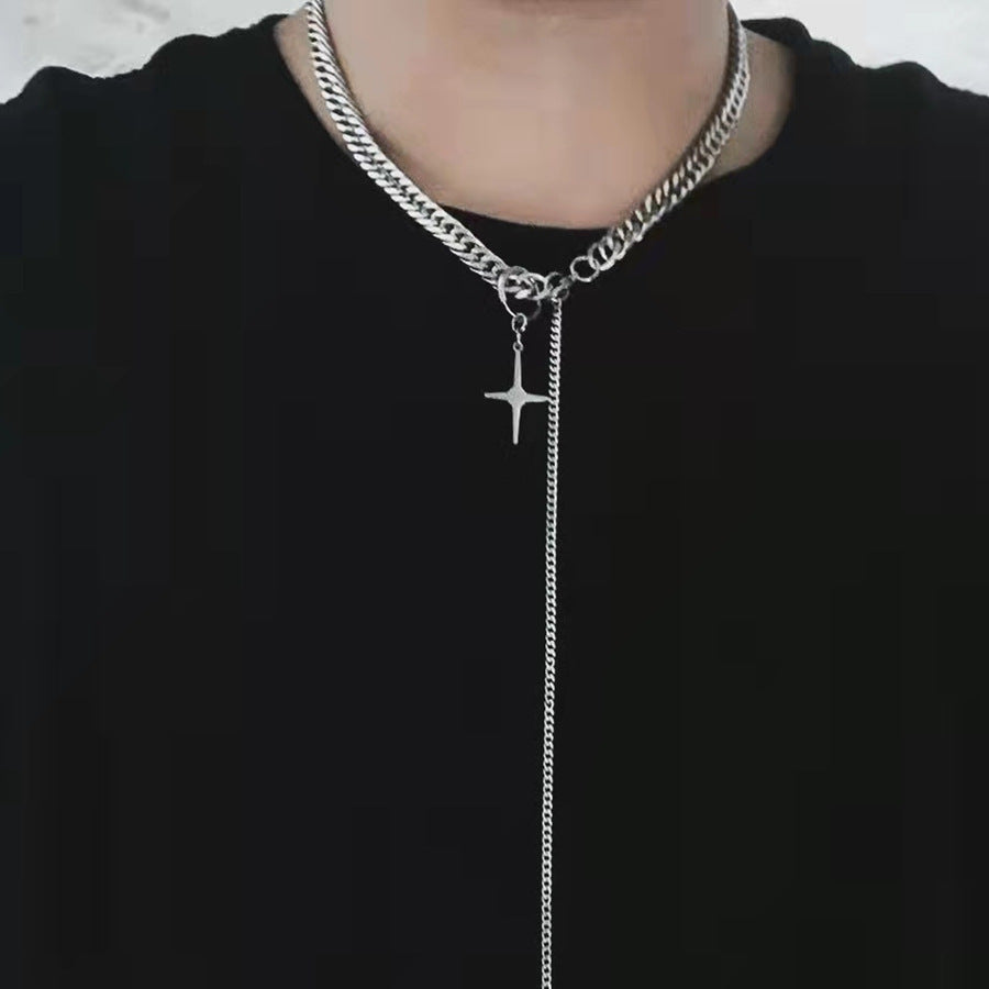 A man wearing a Maramalive™ Shine Bright Like a Diamond (Star) Pendant Wide Hip Hop Titanium Steel Necklace.