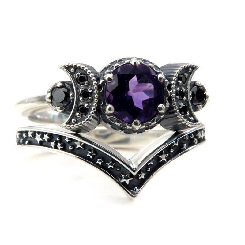 Triple Moon Goddess Gothic Amethyst Crystal Maramalive™ Ring.
