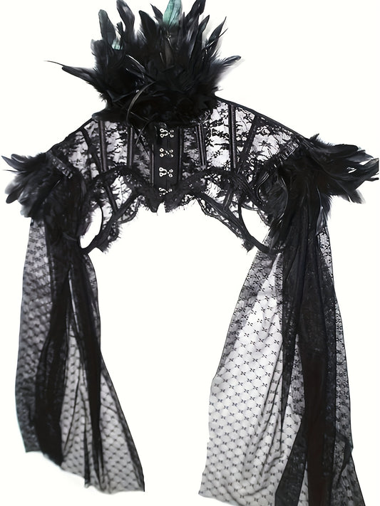 Contrast Lace High Neck Cape, Gothic Floral Mesh Costume, Women's Clothing