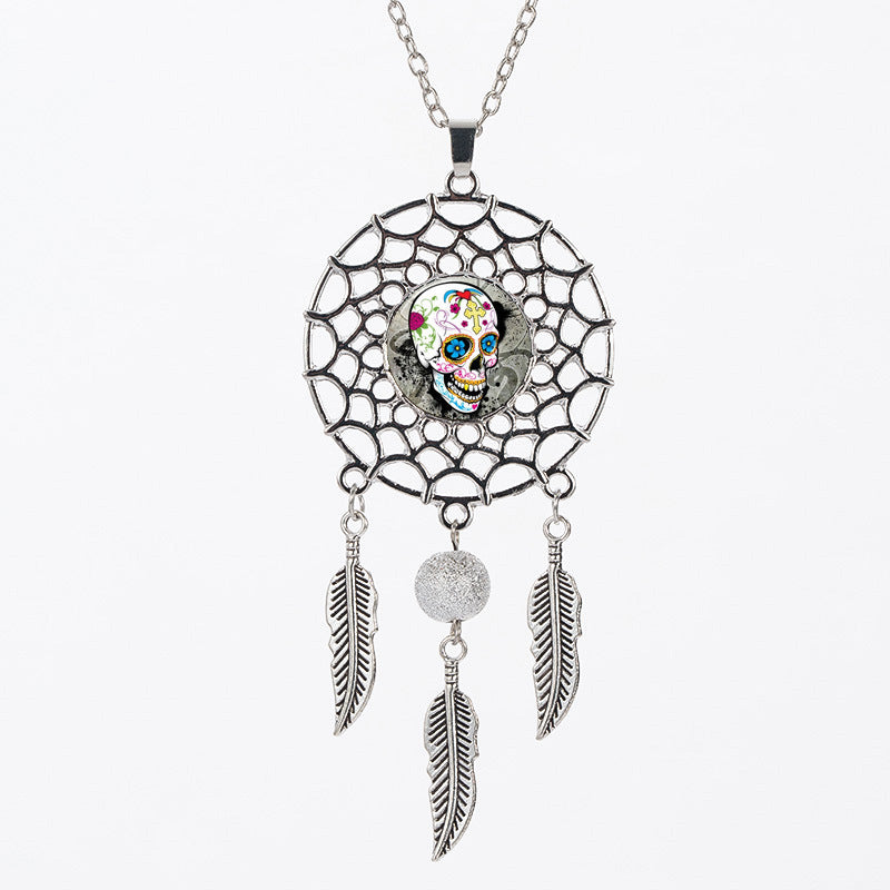 A Sugar High Dreamcatcher: Trip the Light Fantastic While You Sleep - Sugar Skull Dreamcatcher Necklace Halloween Jewelry Gift with feathers and feathers by Maramalive™.