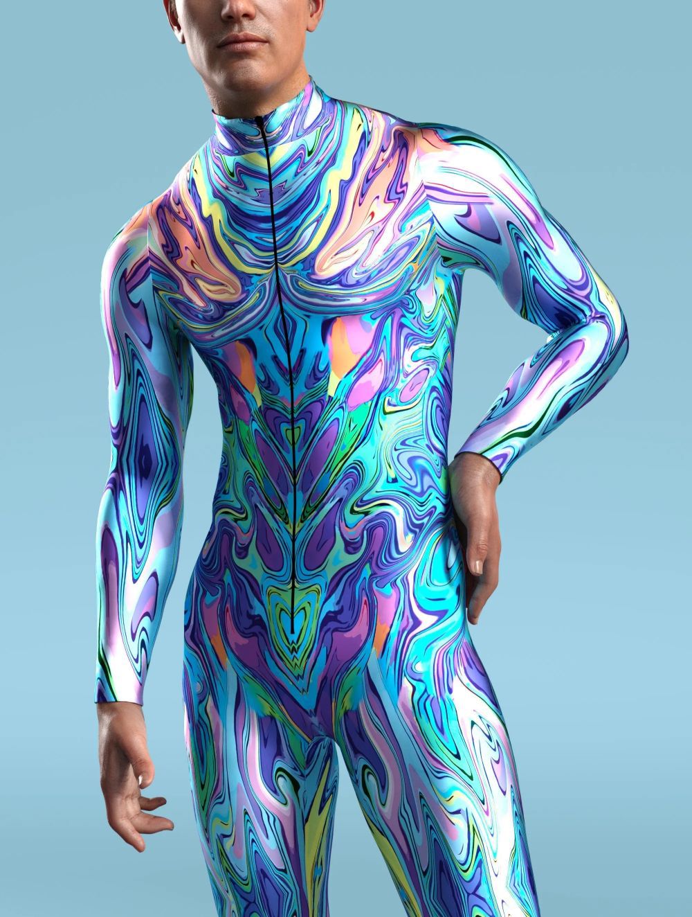 A person wearing a full-body, vibrant, multicolored 3D Digital Printed Cosplay One-piece Costume by Maramalive™ with a psychedelic pattern stands against a light blue background, embodying European and American style reminiscent of game animation role playing.