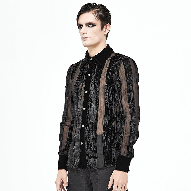 Person wearing a black, sheer, long-sleeved Maramalive™ Men's Demon Fashion Gothic Striped Velvet Burnt-out Pleated Shirt with vertical stripes and a square collar, standing against a plain white background.