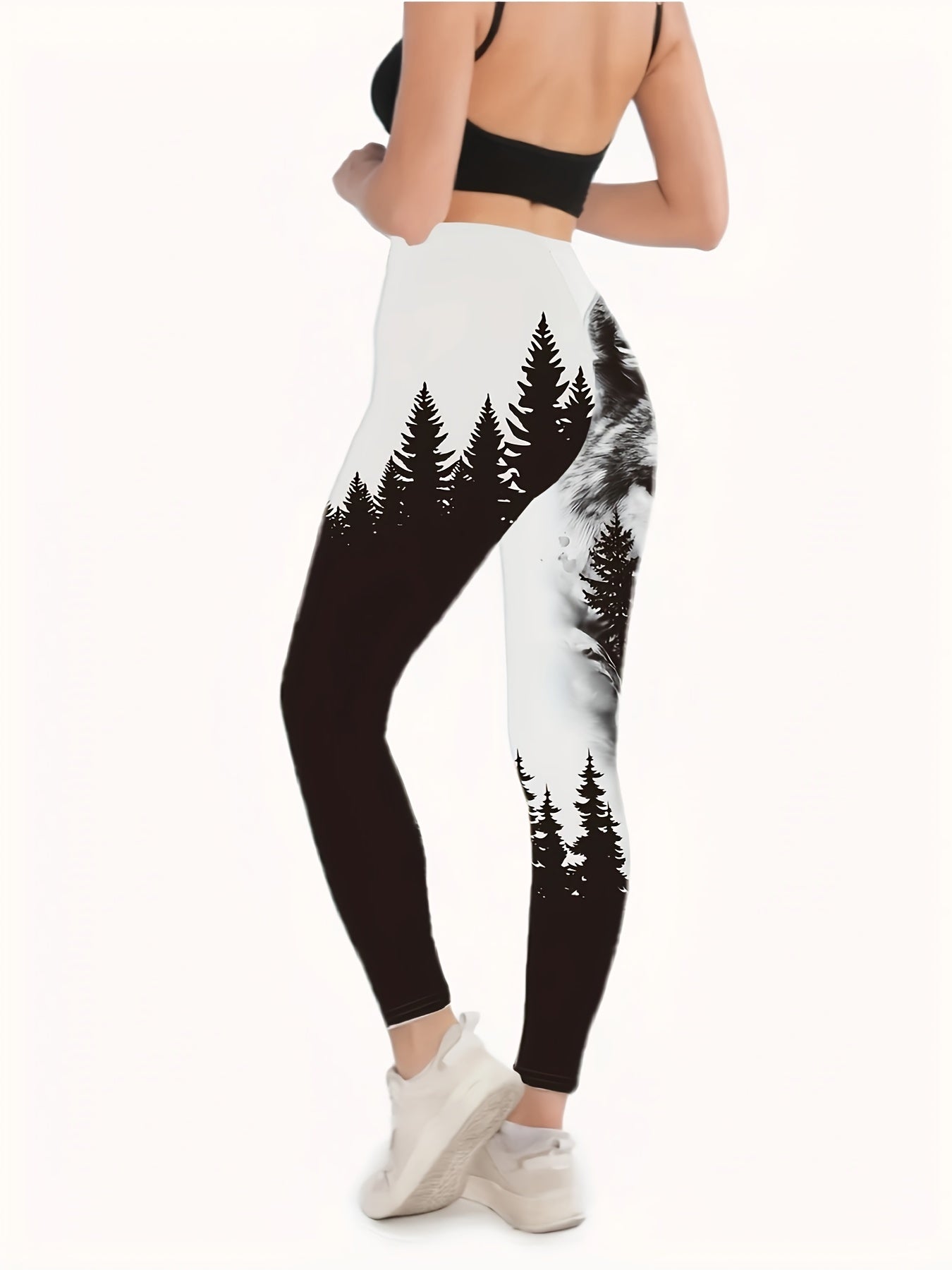 Wolf & Forest Print Skinny Leggings, Casual Elastic Waist Stretchy Leggings, Women's Clothing