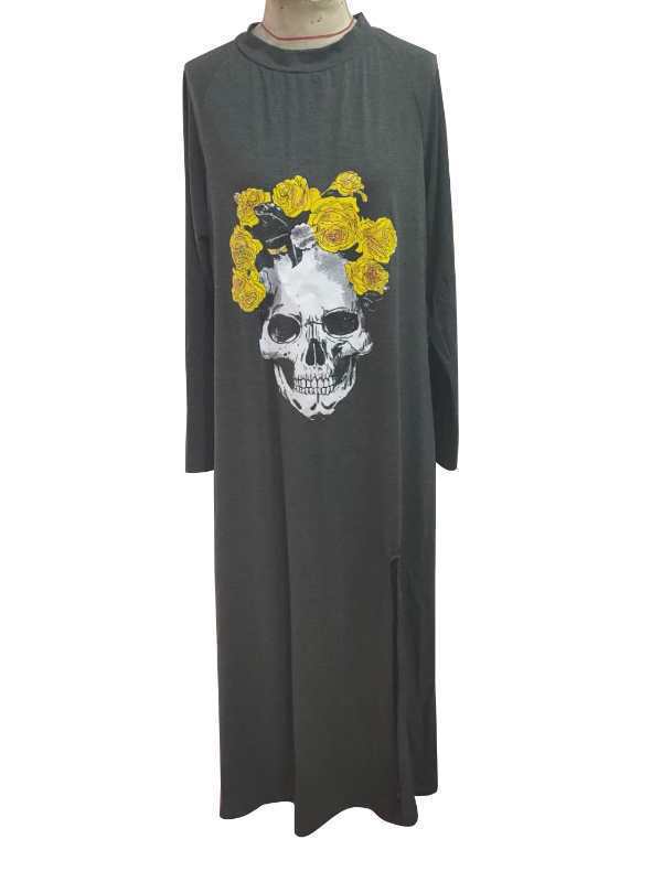 A woman wearing a Maramalive™ Slim Fit Midi Dress With Printed Skull.