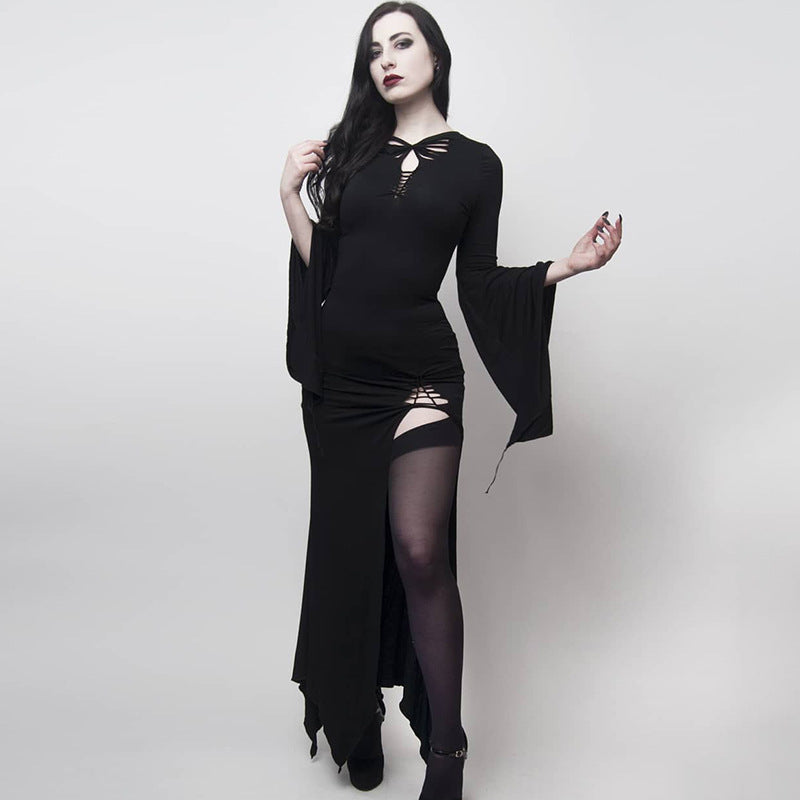 A woman in a black gothic dress, the Women's Slim Fit Bag Hip Halloween Dark Skirt from Maramalive™, posing for a photo.