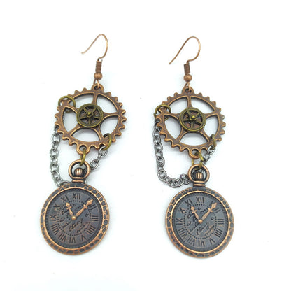 A pair of Maramalive™ Chain Watch Pendant Steampunk earrings.