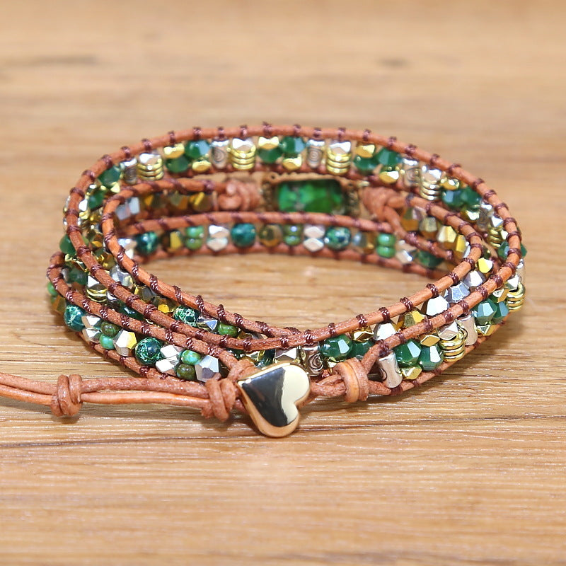 Vintage Weave Multi-layer Bohemian Bracelet with green stone and brown leather, perfect for gypsy spirits and hippie chic fashion by Maramalive™.