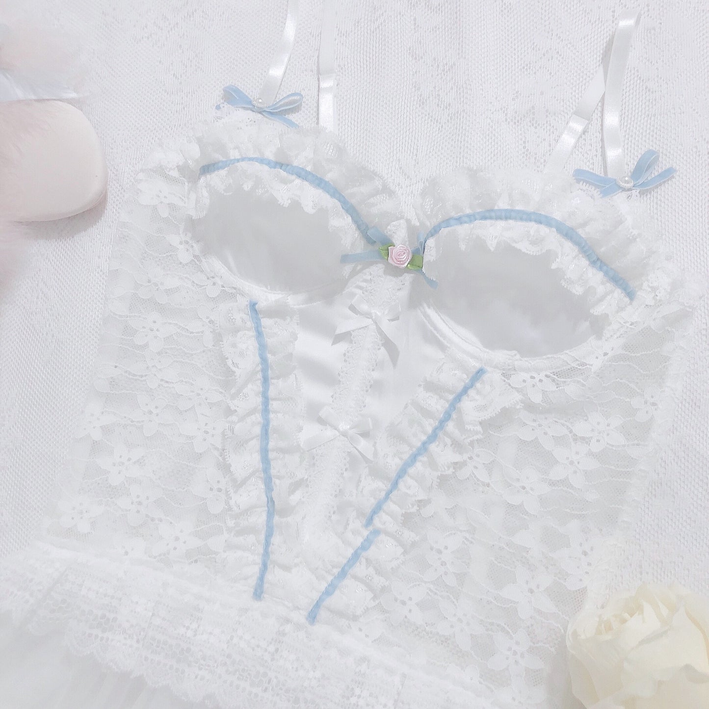 Pure Desire Net Yarn Skirt Hand-made Cream Lace Stitching Satin Sling Bra