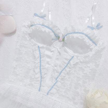 Pure Desire Net Yarn Skirt Hand-made Cream Lace Stitching Satin Sling Bra