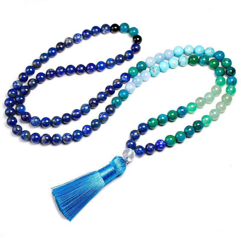 A Maramalive™ Natural Stone 8MM108 Jewelry Set Lapis Lazuli Jewelry with a tassel.