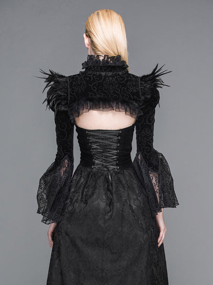 A woman wearing a Maramalive™ Gothic Steampunk European and American Court Feather Shawl Short Stand Collar Lotus Sleeve Jacket Female and a black dress.