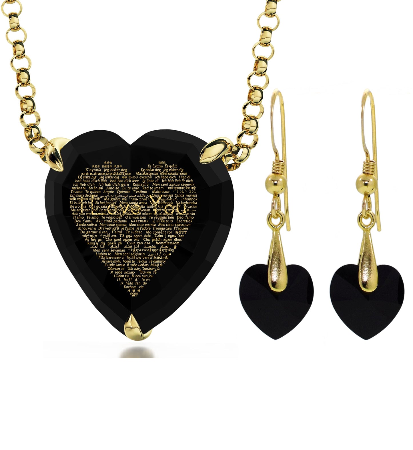 A Maramalive™ Gold Plated Silver Heart Jewelry Set 120 Languages I Love You Necklace and Crystal Earrings in black and gold.