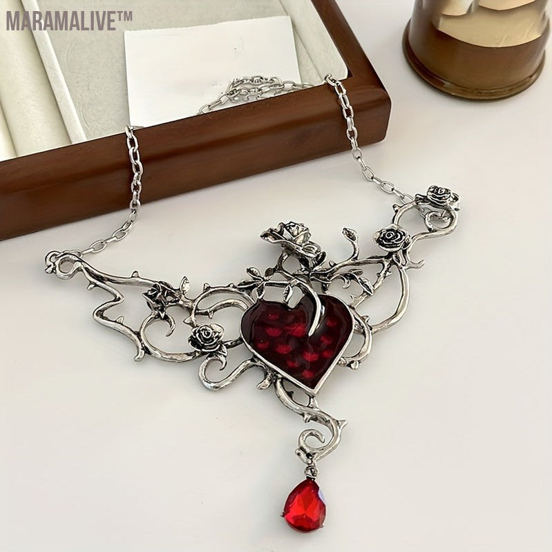 1pc Gothic Dark Style Rhinestone Inlaid Collar Choker Clavicle Chain For Valentine's Day Party Heart Branch Flower Necklace