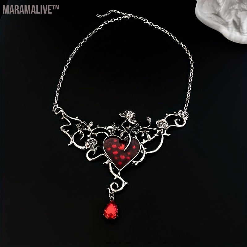 1pc Gothic Dark Style Rhinestone Inlaid Collar Choker Clavicle Chain For Valentine's Day Party Heart Branch Flower Necklace