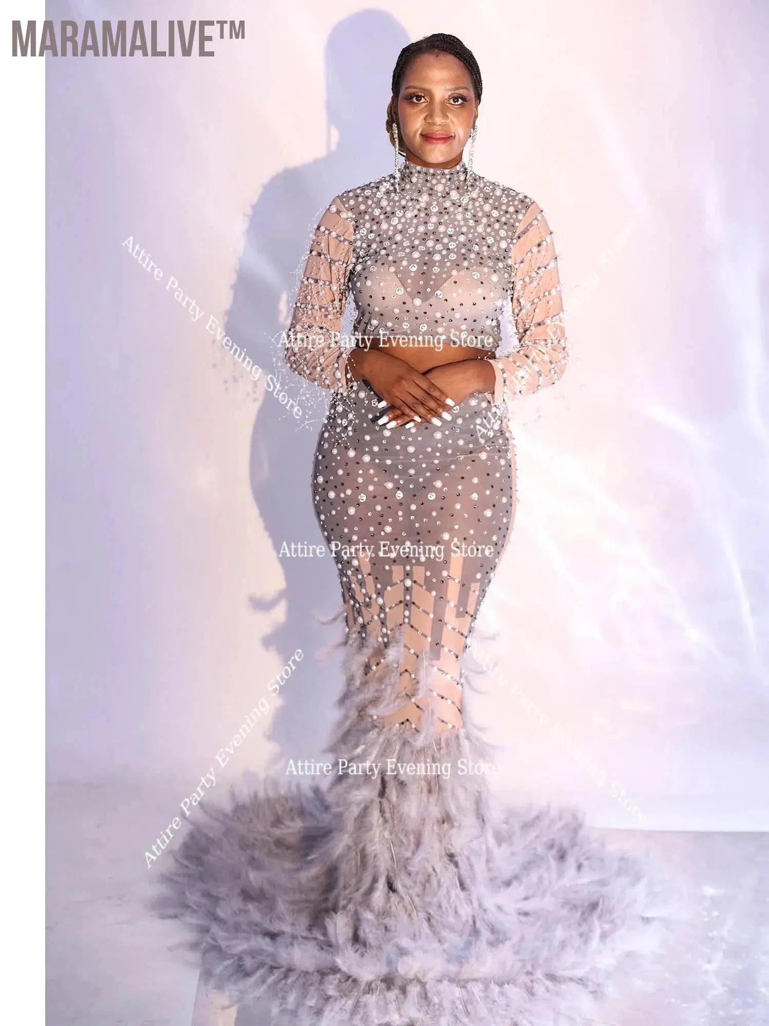 2 piece Pearls Sequins Feather Women Birthday Celebrate Evening Formal special Occasion Wedding Dresses Dance Dress