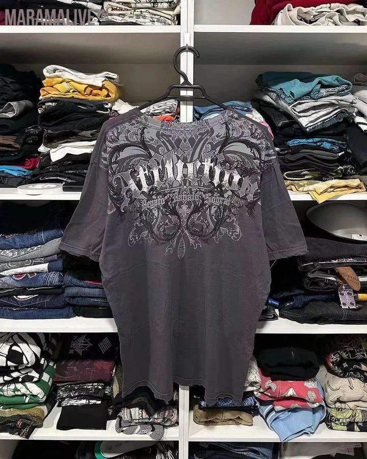 2000s Tshirt New Harajuku Retro Hip Hop Skull Pattern Oversized T shirt Mens Womens Short Sleeved Gothic Clothing Top Streetwear