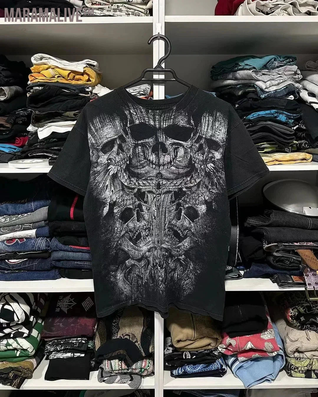 2000s Tshirt New Harajuku Retro Hip Hop Skull Pattern Oversized T shirt Mens Womens Short Sleeved Gothic Clothing Top Streetwear