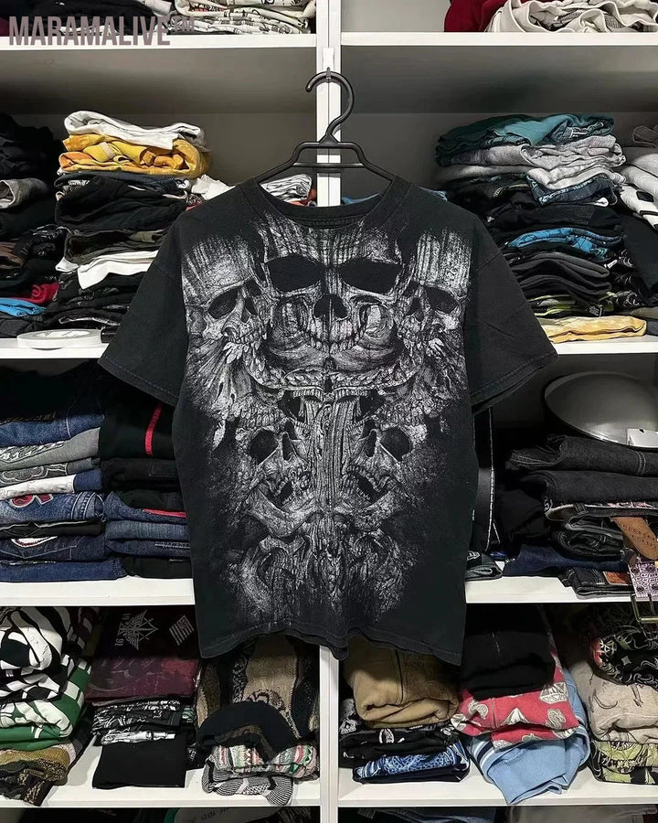 2000s Tshirt New Harajuku Retro Hip Hop Skull Pattern Oversized T shirt Mens Womens Short Sleeved Gothic Clothing Top Streetwear