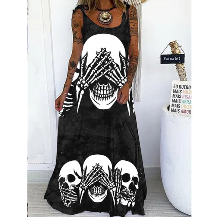 A rebellious fashionista wearing a Maramalive™ Edgy Elegance - Punk Skull Print Loose Plus Size Lace-up Dress with roses on it.