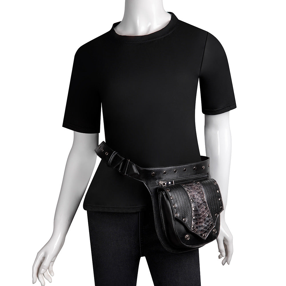 A Maramalive™ mannequin wearing a Gear Duke Vintage Steampunk Bag Retro Rock Gothic bag Goth Shoulder Waist Bags Packs Victorian Style Women Men leg bag.