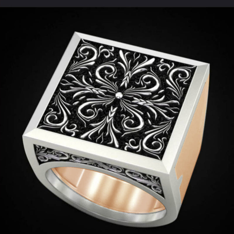An ornate Vintage pattern hollow ring with geometric black and gold designs by Maramalive™.