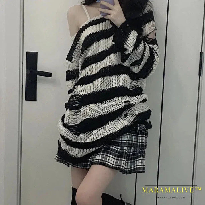 2024 90s Punk Gothic Long Sweater Women Dark Aesthetic Striped Pullovers Hollow Out Oversized Grunge Jumpers Emo Alt Clothes Y2k