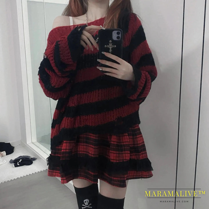 2024 90s Punk Gothic Long Sweater Women Dark Aesthetic Striped Pullovers Hollow Out Oversized Grunge Jumpers Emo Alt Clothes Y2k