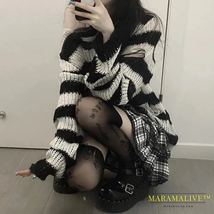 2024 90s Punk Gothic Long Sweater Women Dark Aesthetic Striped Pullovers Hollow Out Oversized Grunge Jumpers Emo Alt Clothes Y2k