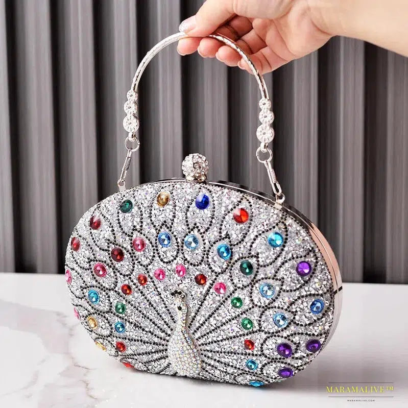 2024 Fashion Luxury Peacock Pattern Diamond Evening Bag - Unique Gothic Handbag with Rhinestone Shoulder Strap