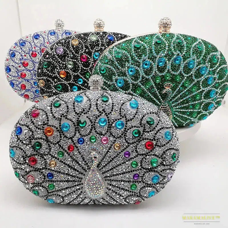 2024 Fashion Luxury Peacock Pattern Diamond Evening Bag - Unique Gothic Handbag with Rhinestone Shoulder Strap