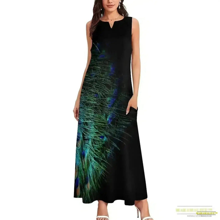 2024 Luxury Designer Peacock Feathers on Black Backdrop Long Dress: luxury designer dress