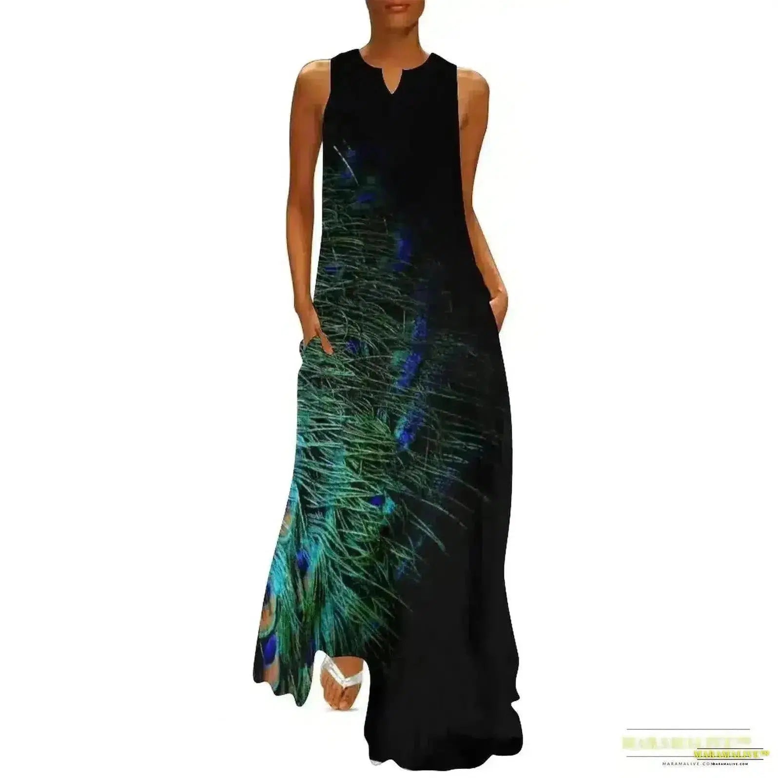 2024 Luxury Designer Peacock Feathers on Black Backdrop Long Dress: luxury designer dress