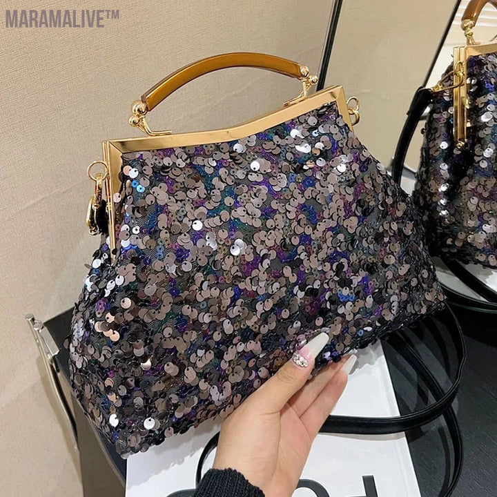 2024 New Fashion Women Evening Clutch Metal Glitter Sequin Purple Gold Chain Shoulder Bags Luxury Designer Wedding Prom Handbags