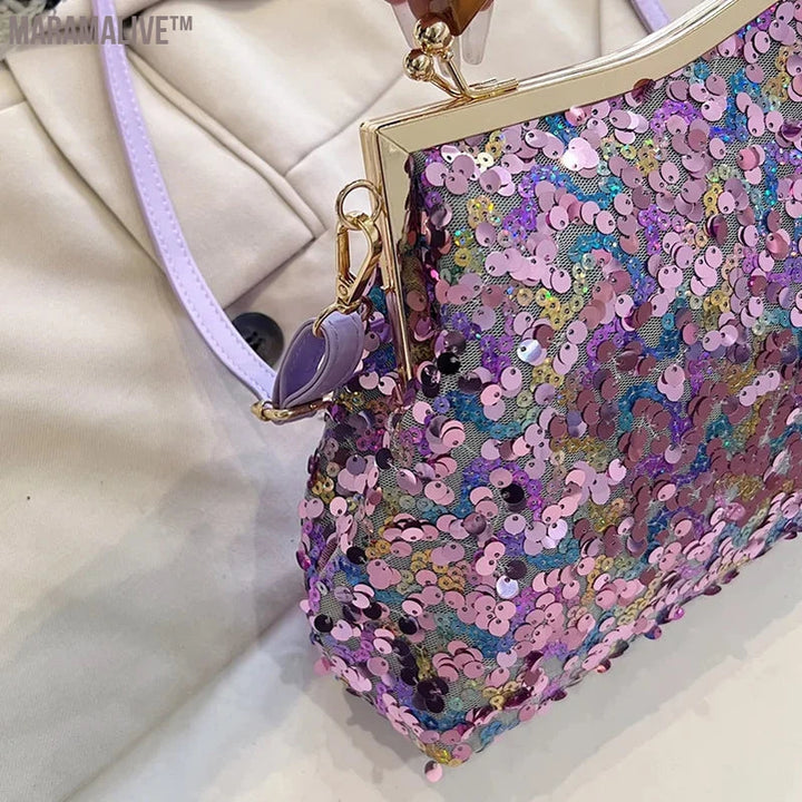 2024 New Fashion Women Evening Clutch Metal Glitter Sequin Purple Gold Chain Shoulder Bags Luxury Designer Wedding Prom Handbags