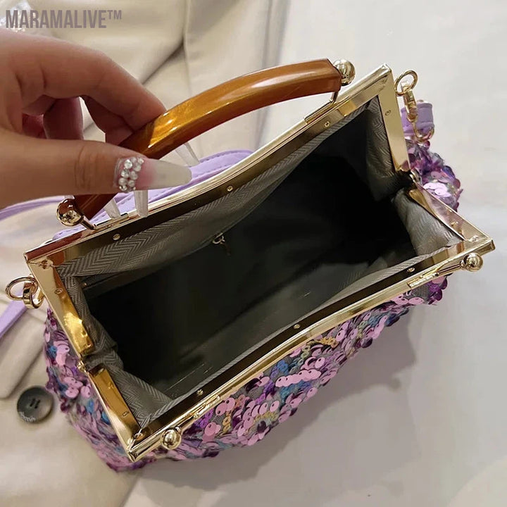 2024 New Fashion Women Evening Clutch Metal Glitter Sequin Purple Gold Chain Shoulder Bags Luxury Designer Wedding Prom Handbags