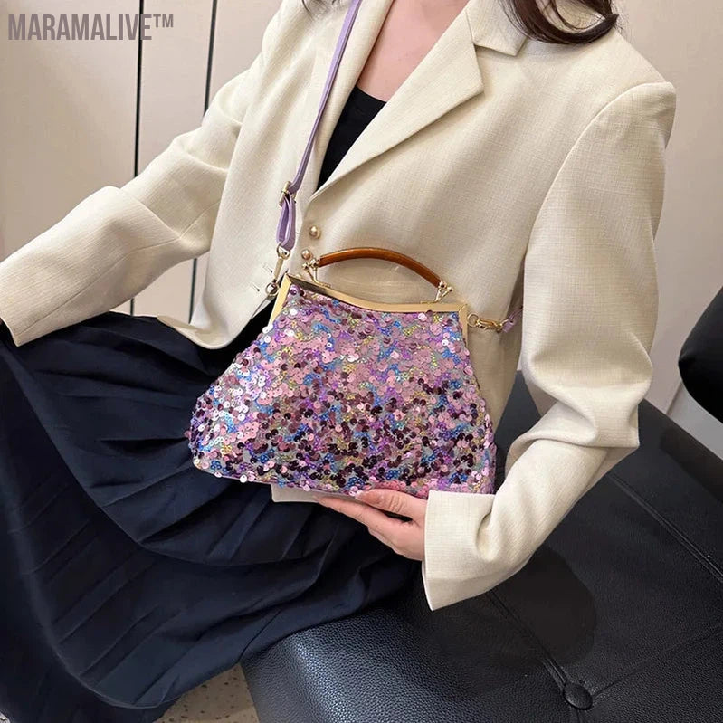 2024 New Fashion Women Evening Clutch Metal Glitter Sequin Purple Gold Chain Shoulder Bags Luxury Designer Wedding Prom Handbags