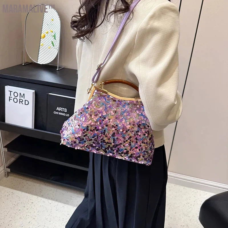 2024 New Fashion Women Evening Clutch Metal Glitter Sequin Purple Gold Chain Shoulder Bags Luxury Designer Wedding Prom Handbags