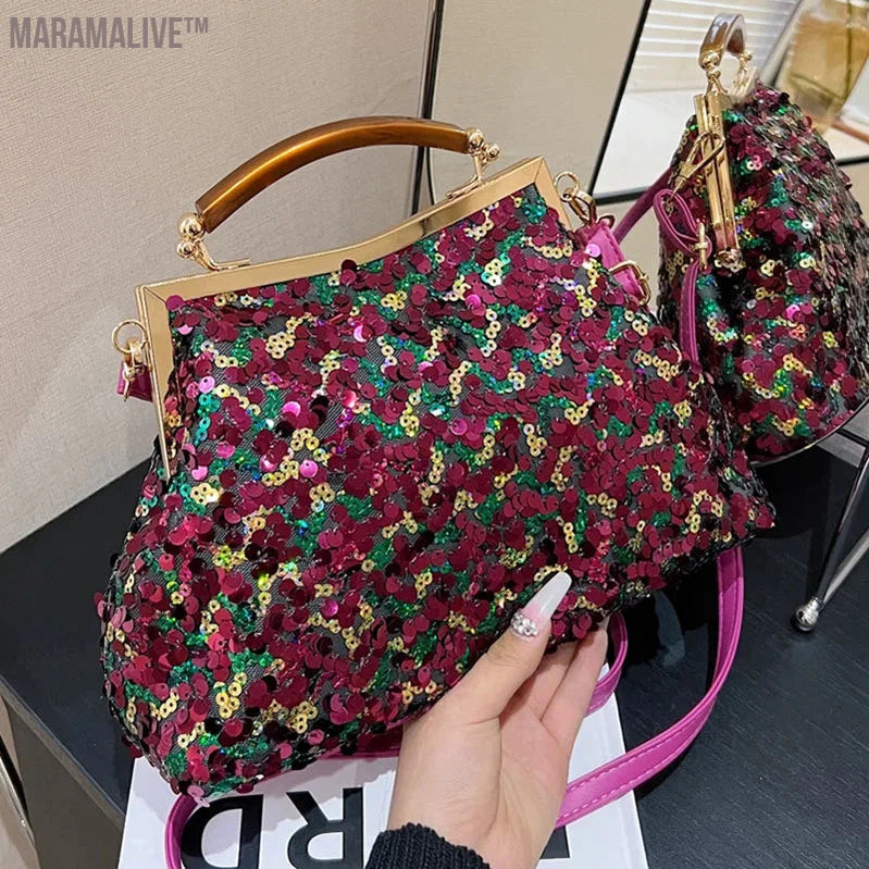 2024 New Fashion Women Evening Clutch Metal Glitter Sequin Purple Gold Chain Shoulder Bags Luxury Designer Wedding Prom Handbags