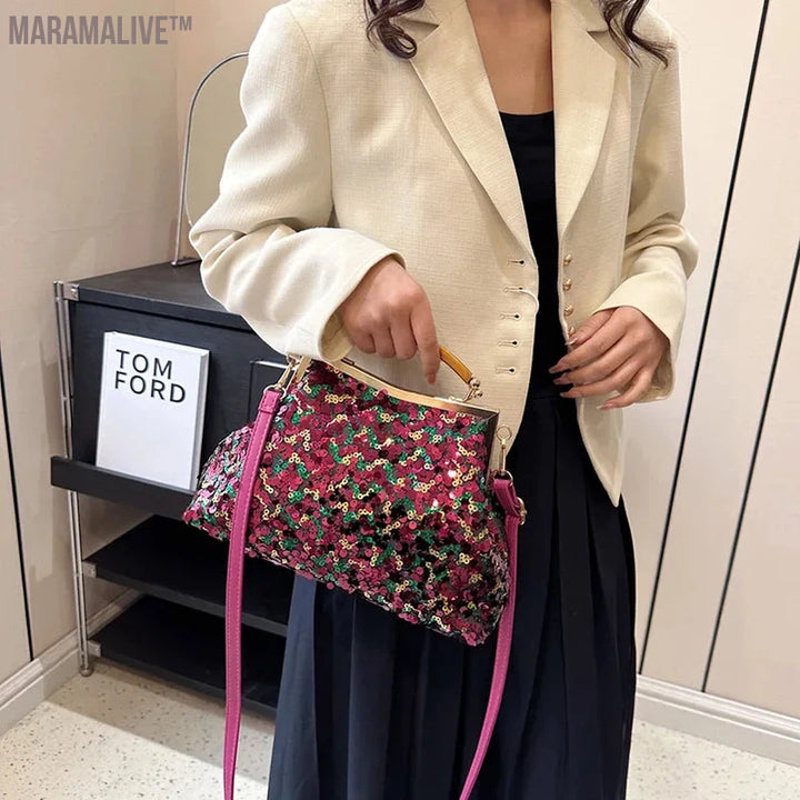 2024 New Fashion Women Evening Clutch Metal Glitter Sequin Purple Gold Chain Shoulder Bags Luxury Designer Wedding Prom Handbags