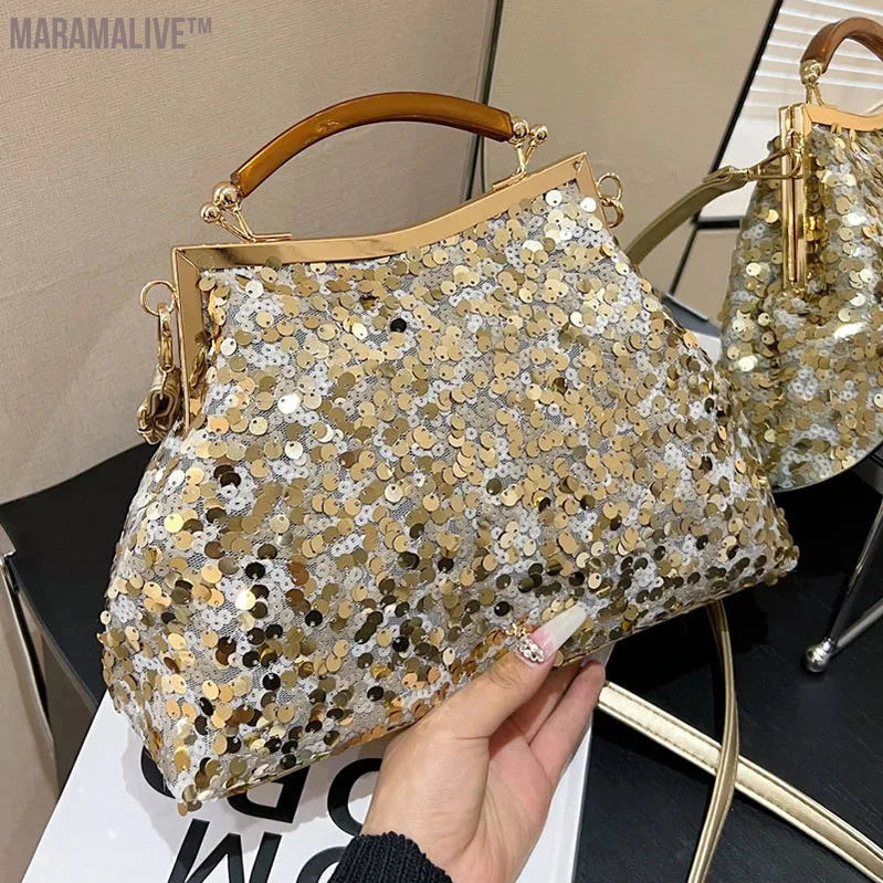 2024 New Fashion Women Evening Clutch Metal Glitter Sequin Purple Gold Chain Shoulder Bags Luxury Designer Wedding Prom Handbags