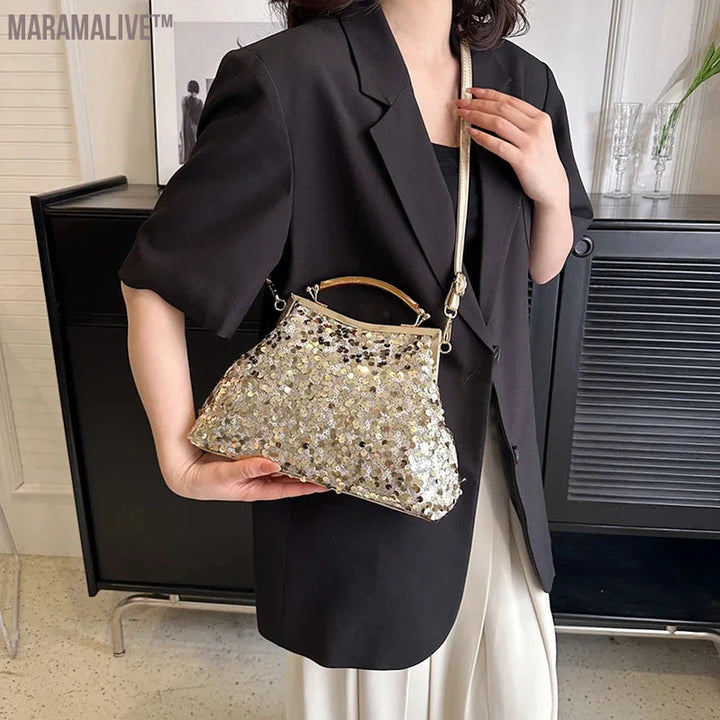 2024 New Fashion Women Evening Clutch Metal Glitter Sequin Purple Gold Chain Shoulder Bags Luxury Designer Wedding Prom Handbags