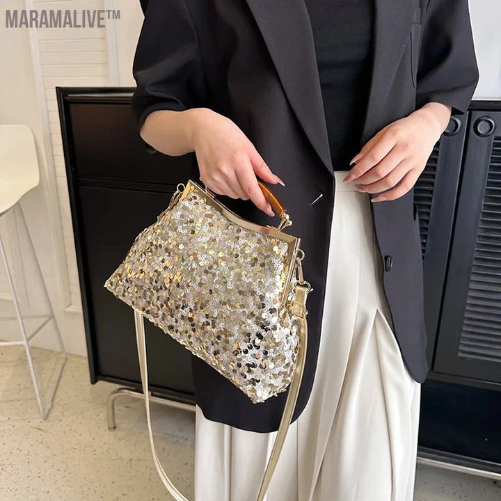 2024 New Fashion Women Evening Clutch Metal Glitter Sequin Purple Gold Chain Shoulder Bags Luxury Designer Wedding Prom Handbags