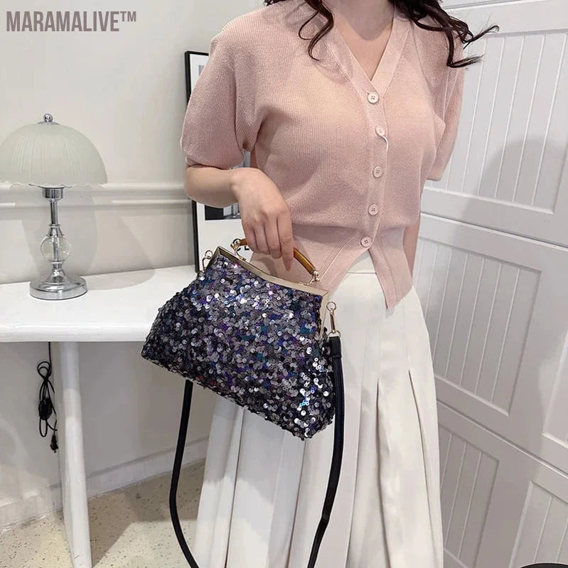 2024 New Fashion Women Evening Clutch Metal Glitter Sequin Purple Gold Chain Shoulder Bags Luxury Designer Wedding Prom Handbags