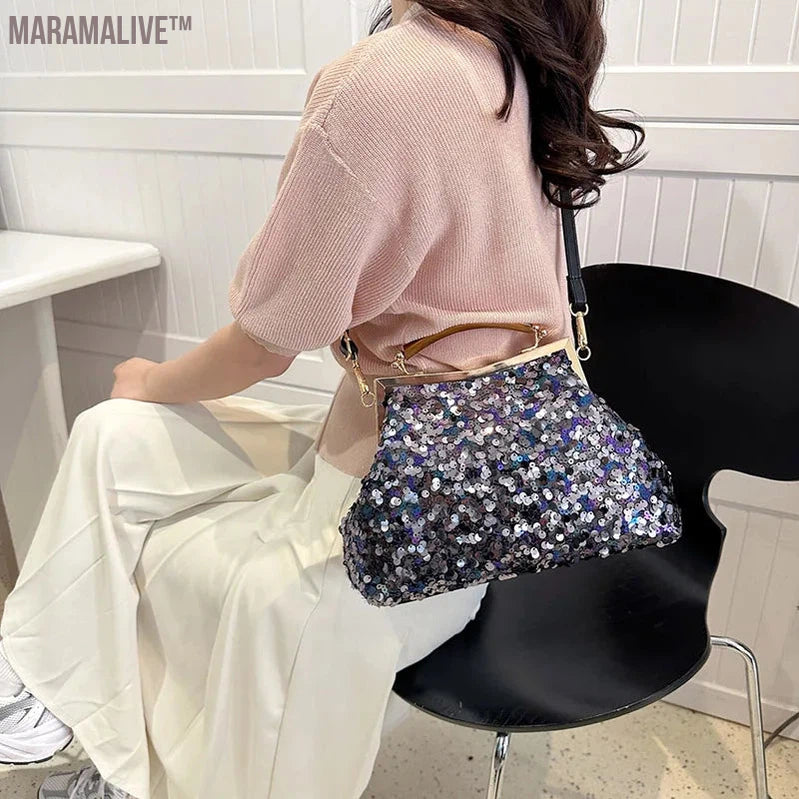 2024 New Fashion Women Evening Clutch Metal Glitter Sequin Purple Gold Chain Shoulder Bags Luxury Designer Wedding Prom Handbags