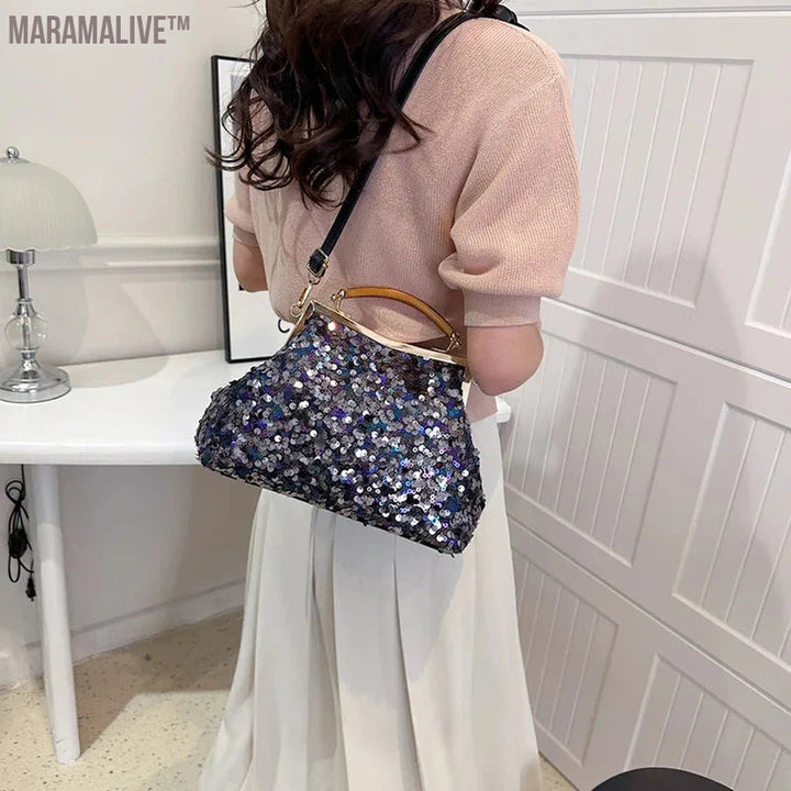 2024 New Fashion Women Evening Clutch Metal Glitter Sequin Purple Gold Chain Shoulder Bags Luxury Designer Wedding Prom Handbags